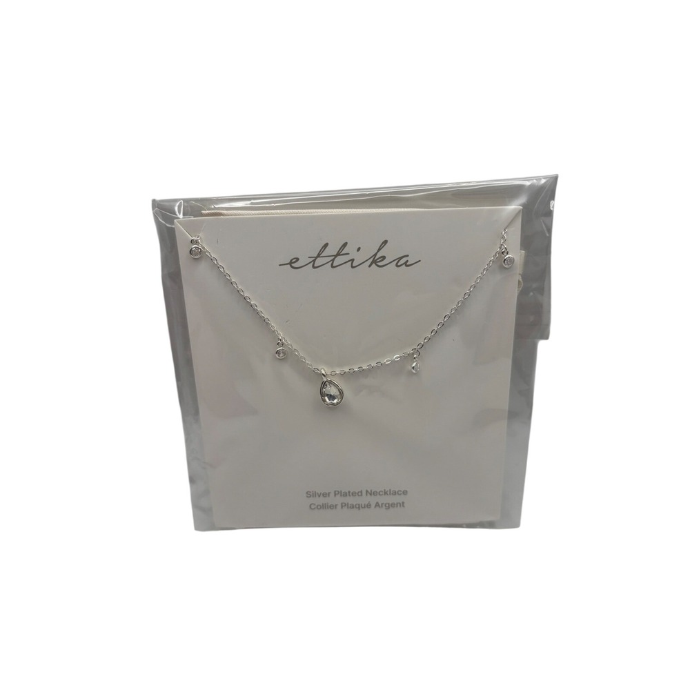 Ettika Silver Plated Teardrop Charm Necklace Dainty Sparkling Accents